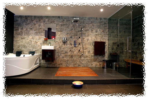 Sauna, shower and spa area in Deluxe room Sauna, shower and spa area in Deluxe room